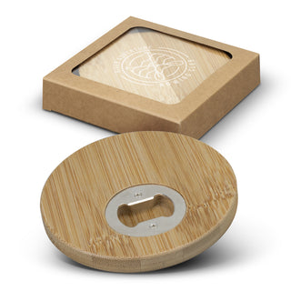 Agogo Bamboo Bottle Opener Coaster Set of 2 - Round (Natural/Silver)