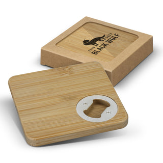 Agogo Bamboo Bottle Opener Coaster Set of 2 - Square (Natural/Silver)