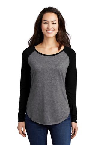 Sport-Tek Ladies PosiCharge Long Sleeve Tri-Blend Wicking Scoop Neck Raglan Tee (Black Triad Solid/ Dark Grey Heather)