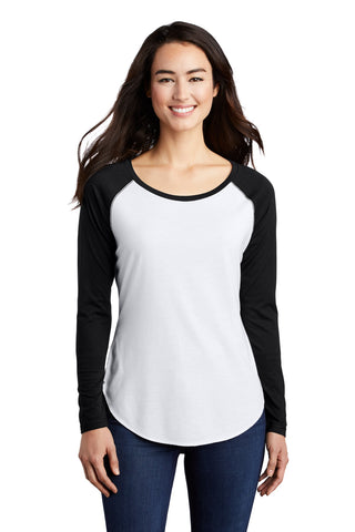 Sport-Tek Ladies PosiCharge Long Sleeve Tri-Blend Wicking Scoop Neck Raglan Tee (Black Triad Solid/ White Triad Solid)