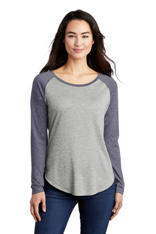 Sport-Tek Ladies PosiCharge Long Sleeve Tri-Blend Wicking Scoop Neck Raglan Tee (True Navy Heather/ Light Grey Heather)