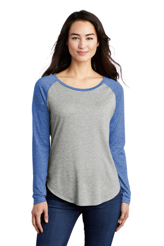 Sport-Tek Ladies PosiCharge Long Sleeve Tri-Blend Wicking Scoop Neck Raglan Tee (True Royal Heather/ Light Grey Heather)