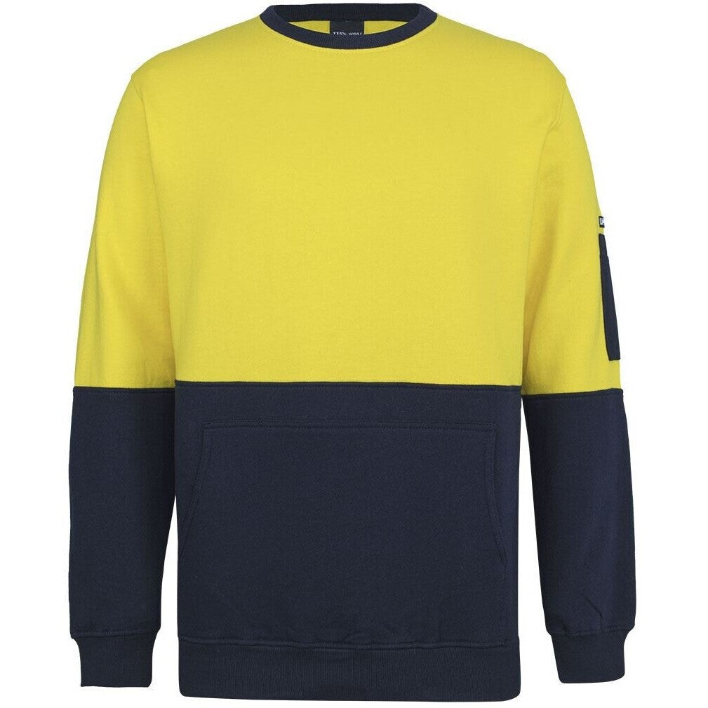 JB's Wear 6HVCM Hi Vis 310 Cotton Crew Neck Fleece - Front View | color:Yellow/Navy|view:front