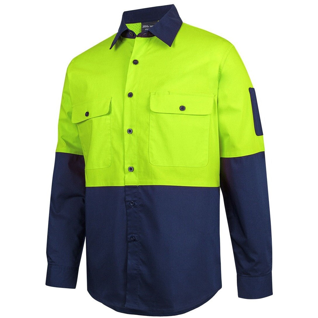 JB's Wear 6HRFL Hi VIs Class F Ripstop L/S Work Shirt - Side View | color:Lime/Navy|view:side