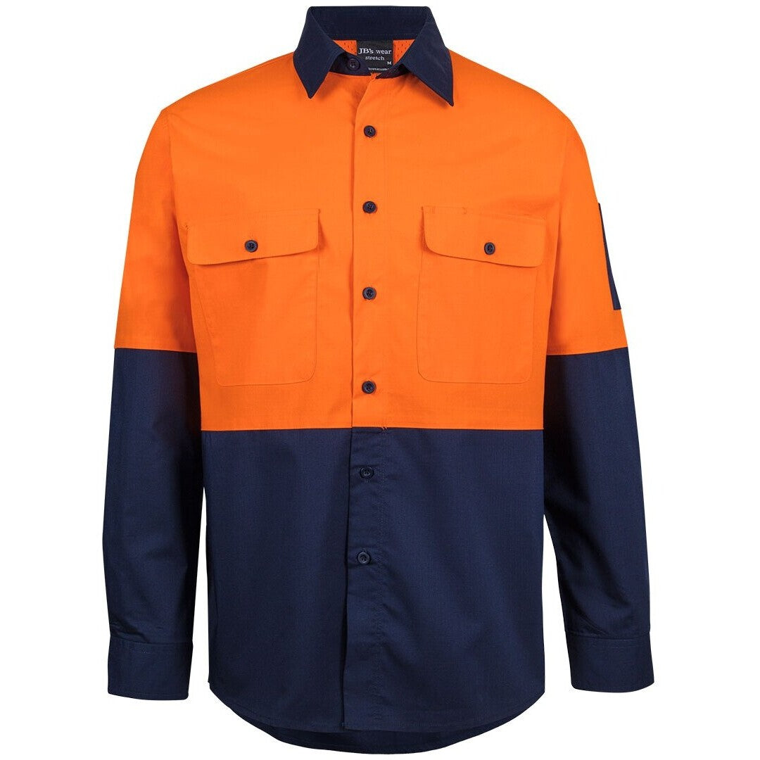 JB's Wear 6HRFL Hi VIs Class F Ripstop L/S Work Shirt - Front View | color:Orange/Navy|view:front