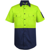 JB's Wear 6HRFS Hi Vis Class F Ripstop S/S Work Shirt - Front View | color:Lime/Navy|view:front