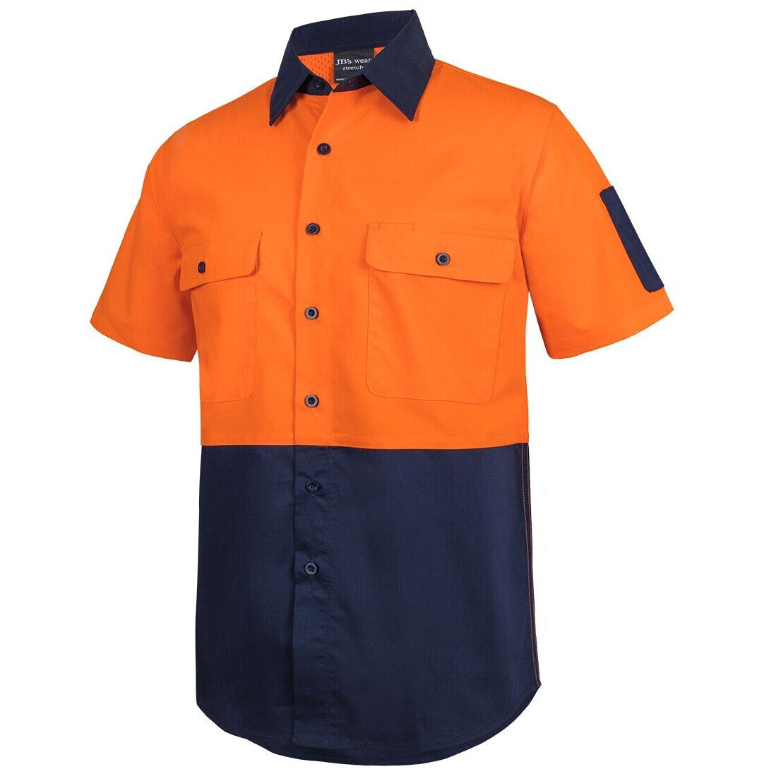 JB's Wear 6HRFS Hi Vis Class F Ripstop S/S Work Shirt - Side View | color:Orange/Navy|view:side