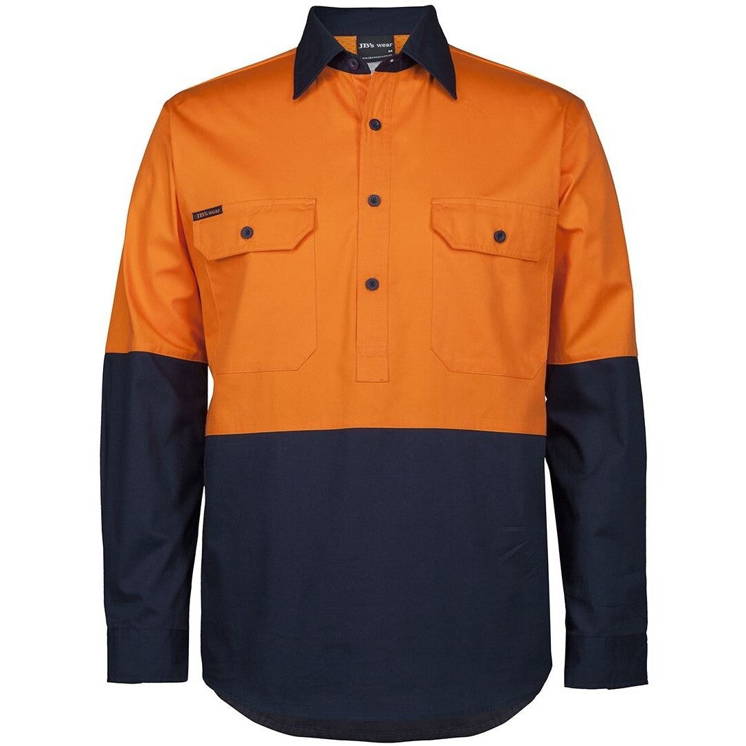 JB's Wear 6HVCS Hi Vis Close Front L/S 150g Work Shirt - Front View | color:Orange/Navy|view:front