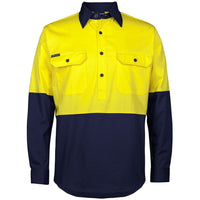 JB's Wear 6HVCS Hi Vis Close Front L/S 150g Work Shirt - Front View | color:Yellow/Navy|view:front