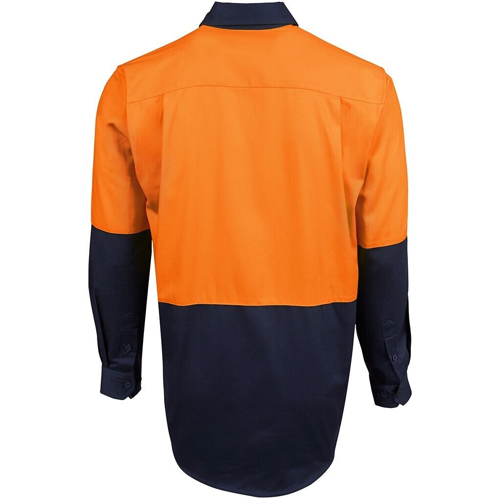 JB's Wear 6HVCF Hi Vis Close Front L/S 190g Work Shirt - Back View | color:Orange/Navy|view:back