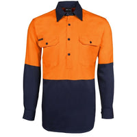 JB's Wear 6HVCF Hi Vis Close Front L/S 190g Work Shirt - Front View | color:Orange/Navy|view:front