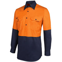 JB's Wear 6HVCF Hi Vis Close Front L/S 190g Work Shirt - Side View | color:Orange/Navy|view:side