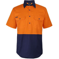 JB's Wear 6HVCW Hi Vis Close Front S/S 150g Work Shirt - Front View | color:Orange/Navy|view:front