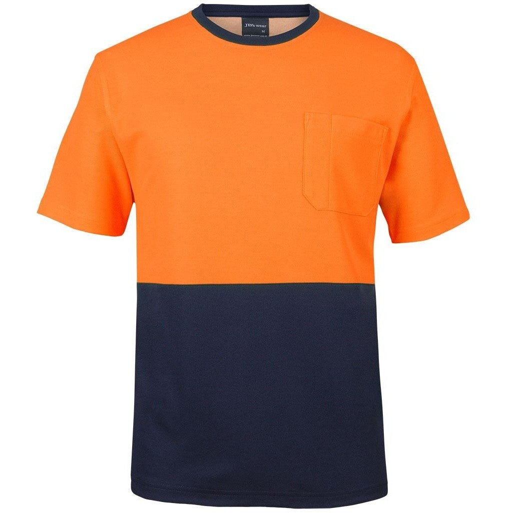 JB's Wear 6HCBT Hi Vis Cotton Back Tee - Front View | color:Orange/Navy|view:front