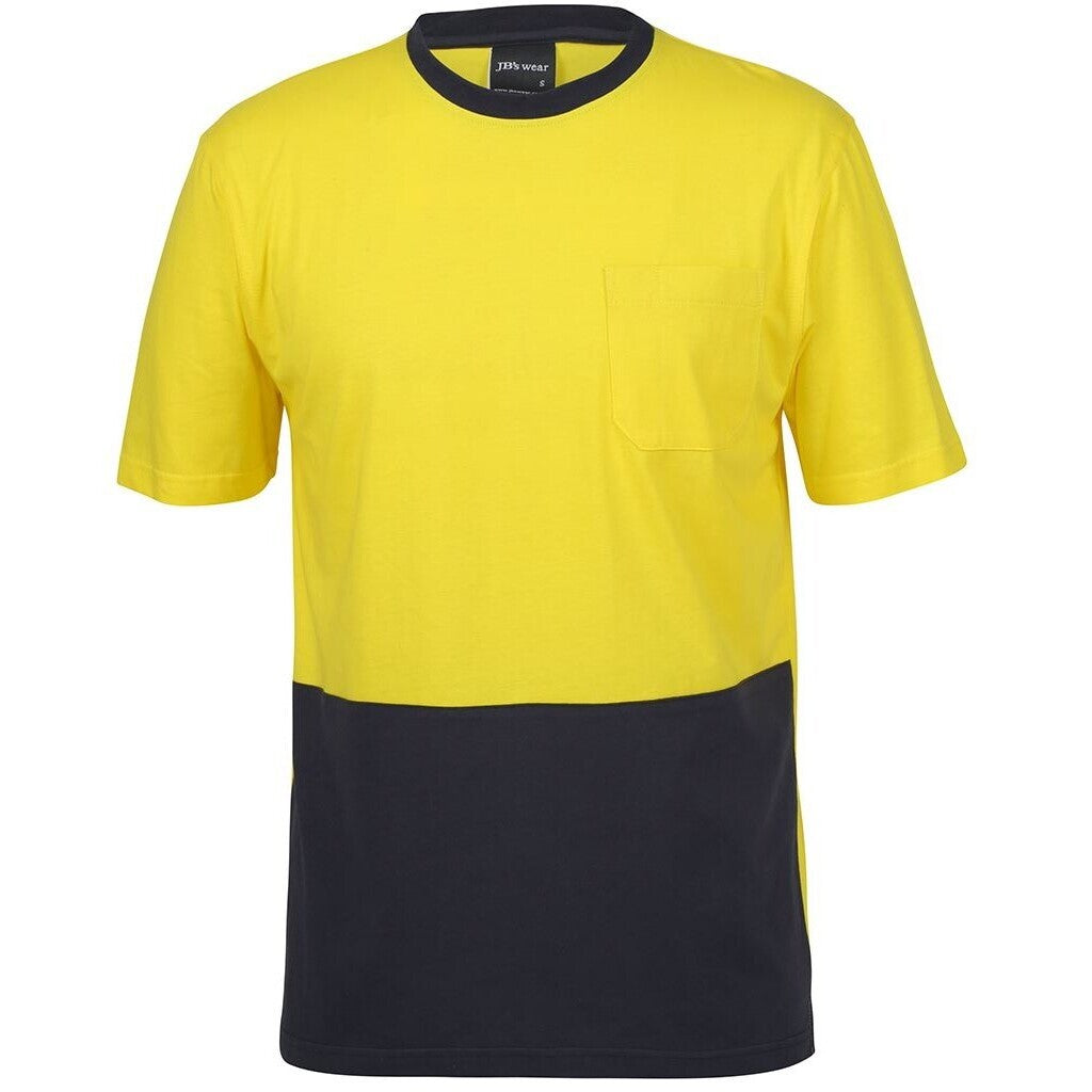JB's Wear 6HVTC Hi Vis Crew Neck Cotton T-Shirt - Front View | color:Yellow/Navy|view:front