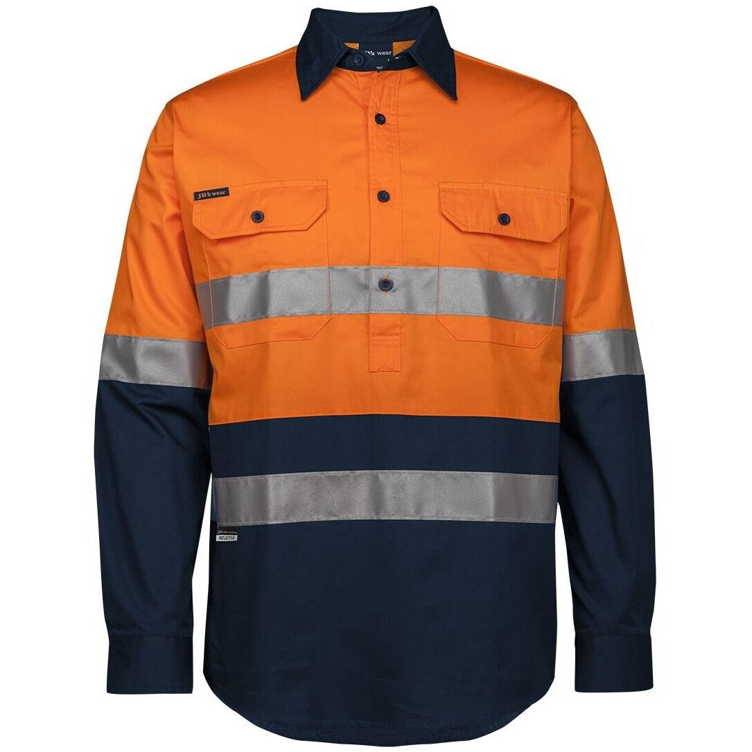 JB's Wear 6HWCS Hi Vis (D+N) Close Front L/S 150g Work Shirt - Front View | color:Orange/Navy|view:front