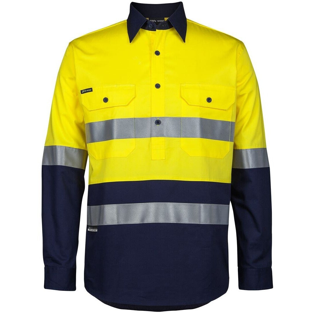 JB's Wear 6HWCS Hi Vis (D+N) Close Front L/S 150g Work Shirt - Front View | color:Yellow/Navy|view:front