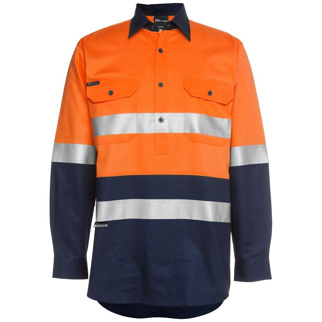 JB's Wear 6HWCF Hi Vis (D+N) Close Front L/S 190g Work Shirt - Front View | color:Orange/Navy|view:front