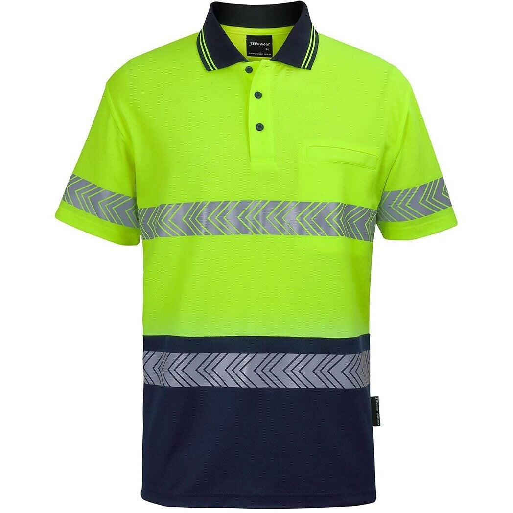 JB's Wear 6HMSS Hi Vis (D+N) Cotton Back S/S Segmented Tape Polo - Front View | color:Lime/Navy|view:front