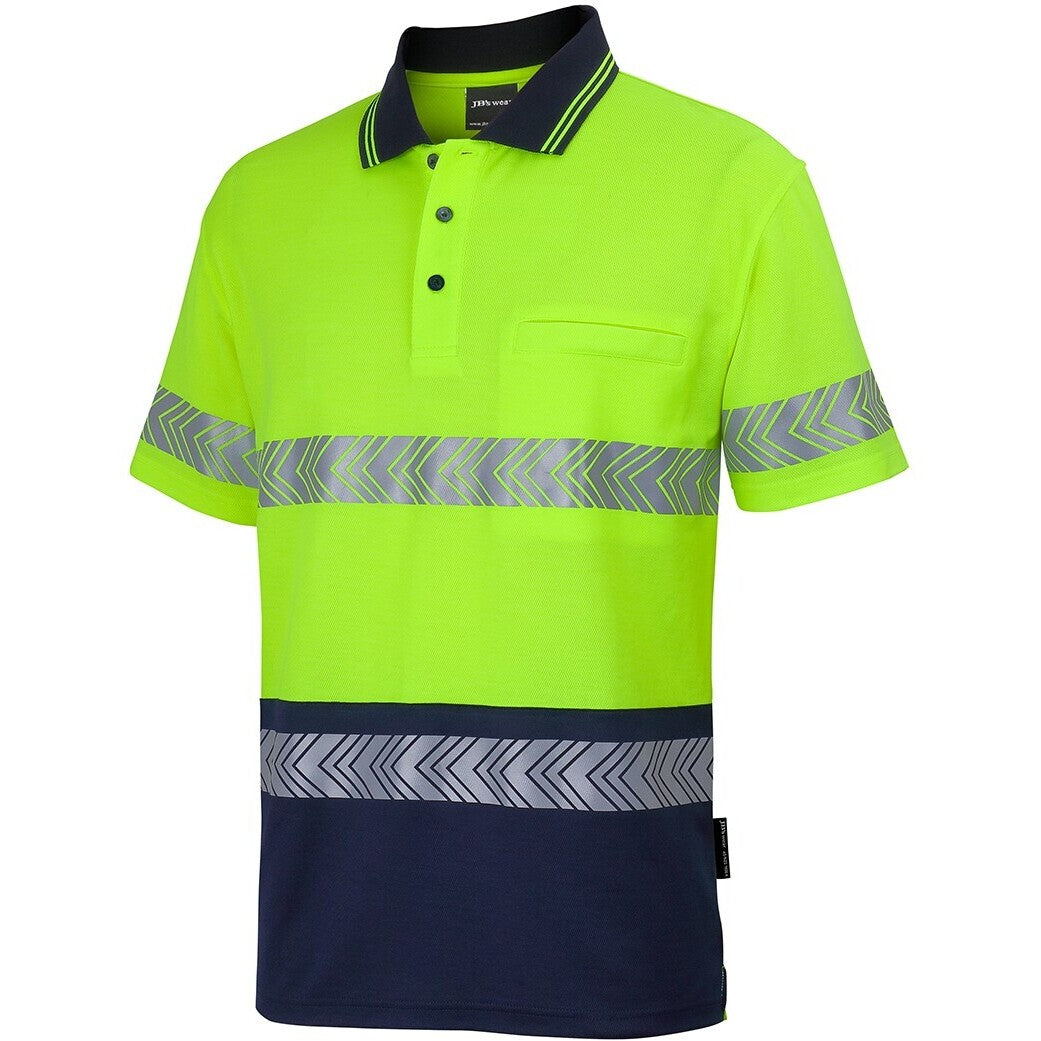 JB's Wear 6HMSS Hi Vis (D+N) Cotton Back S/S Segmented Tape Polo - Side View | color:Lime/Navy|view:side