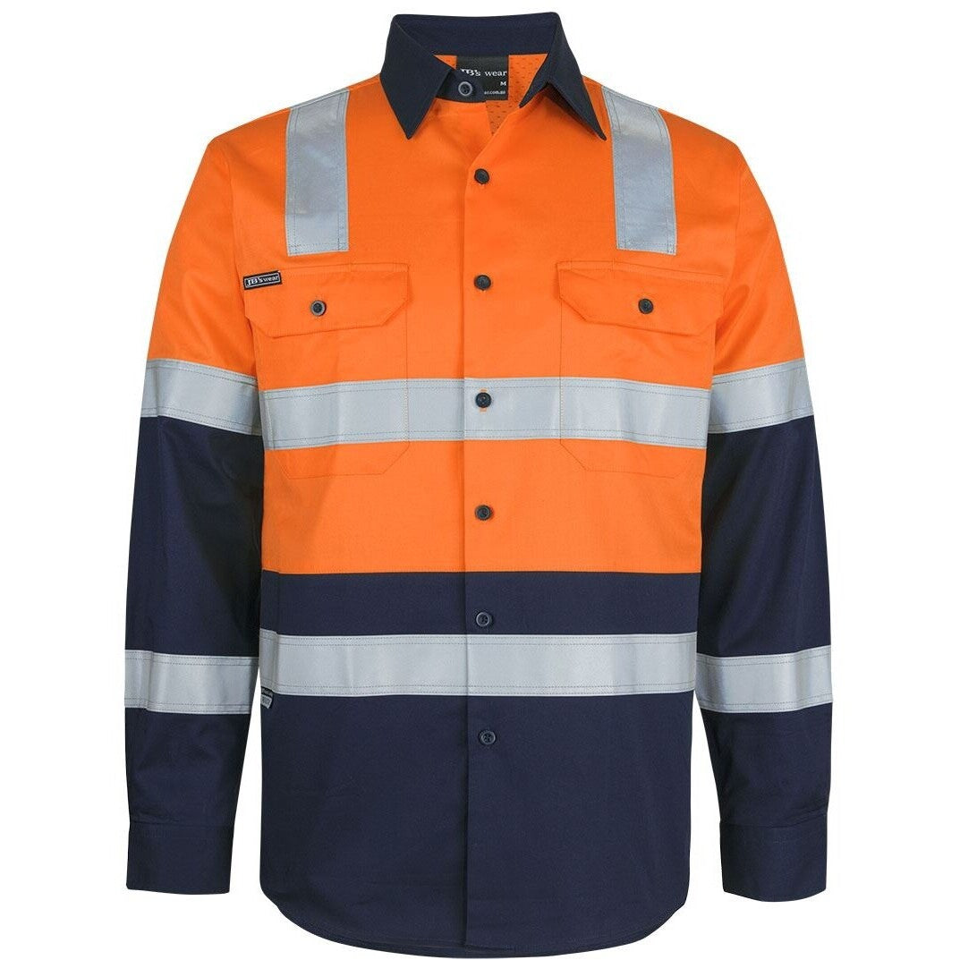 JB's Wear 6DNW3 Hi Vis (D+N) L/S 150G Level 3 Work Shirt - Front View | color:Orange/Navy|view:front