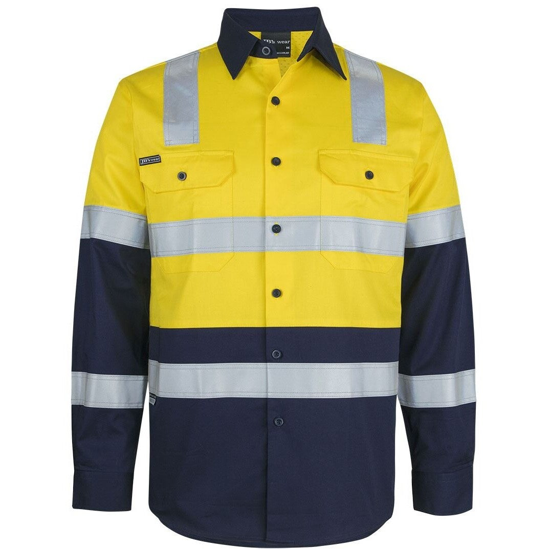 JB's Wear 6DNW3 Hi Vis (D+N) L/S 150G Level 3 Work Shirt - Front View | color:Yellow/Navy|view:front