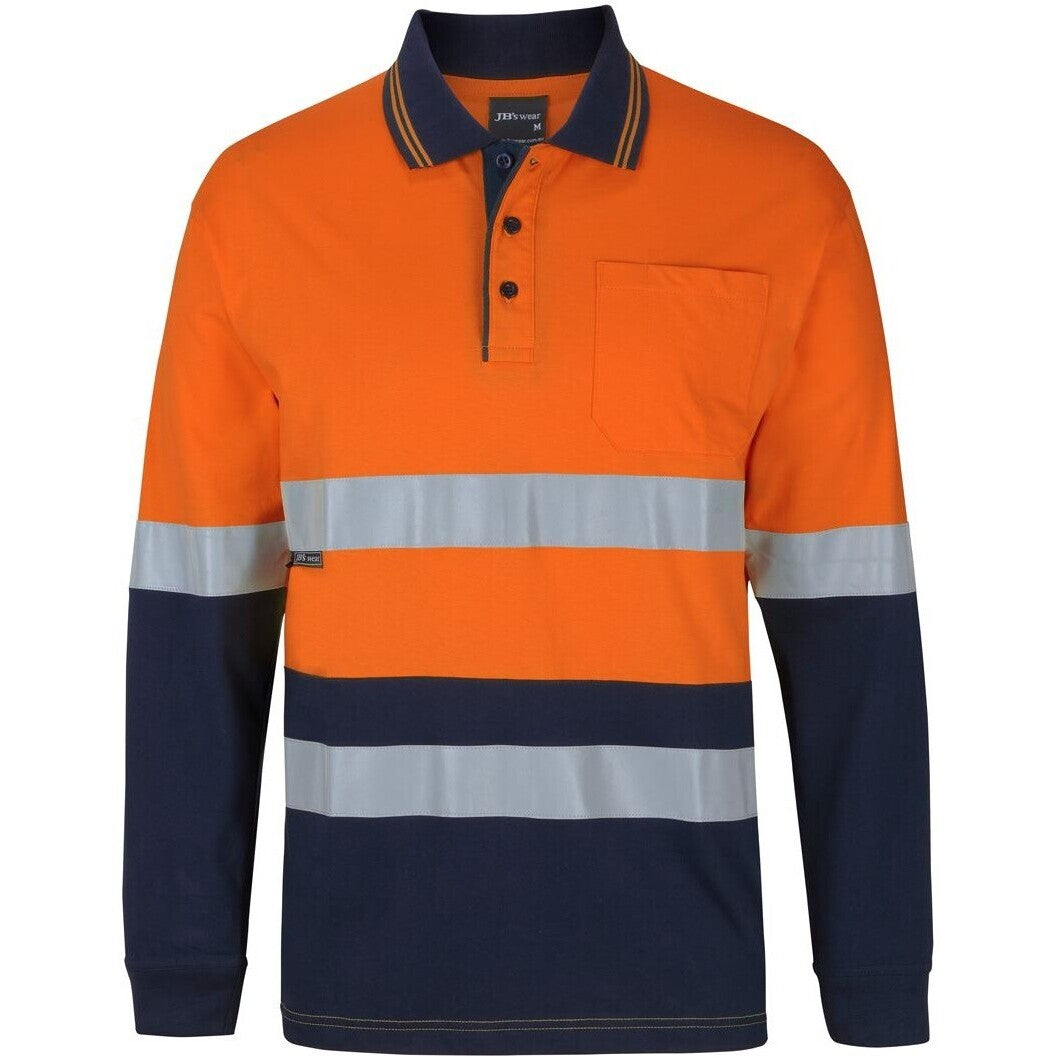 JB's Wear 6DCPL Hi Vis (D+N) L/S Cotton Polo - Front View | color:Orange/Navy|view:front