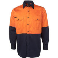 JB's Wear 6HWL Hi Vis L/S 190G Work Shirt - Front View | color:Orange/Navy|view:front