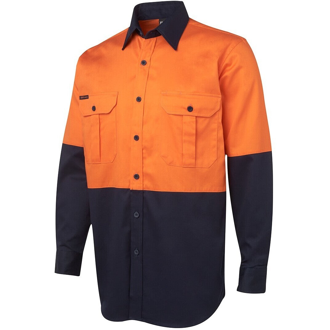 JB's Wear 6HWL Hi Vis L/S 190G Work Shirt - Side View | color:Orange/Navy|view:side