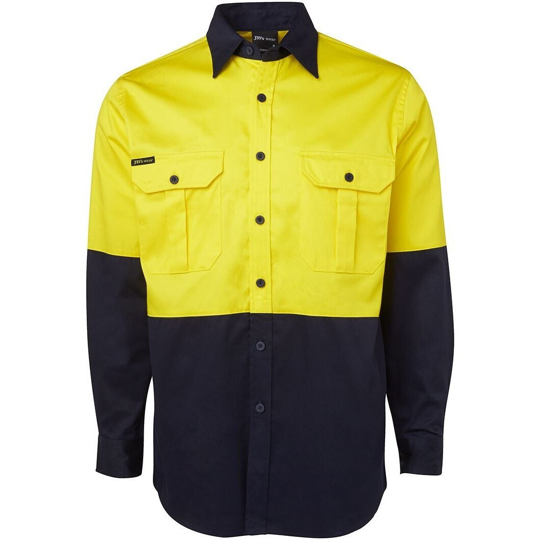 JB's Wear 6HWL Hi Vis L/S 190G Work Shirt - Front View | color:Yellow/Navy|view:front