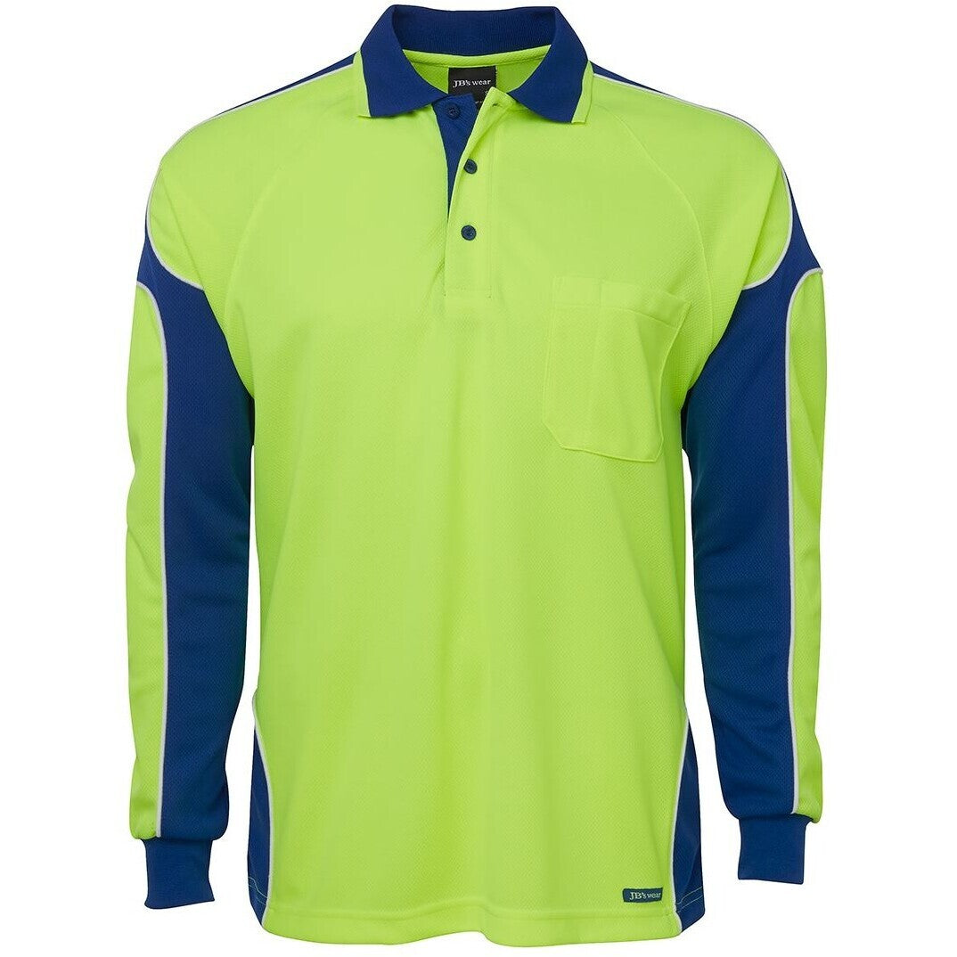 JB's Wear 6AP4L Hi Vis L/S Arm Panel Polo - Front View | color:Lime/Royal|view:front