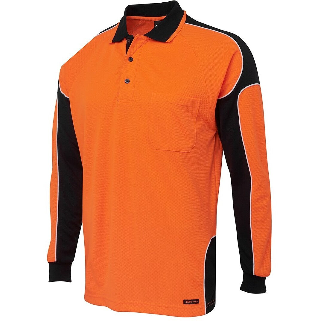 JB's Wear 6AP4L Hi Vis L/S Arm Panel Polo - Side View | color:Orange/Black|view:side