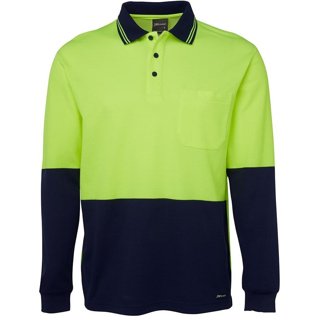 JB's Wear 6HPL Hi Vis L/S Cotton Back Polo - Front View | color:Lime/Navy|view:front