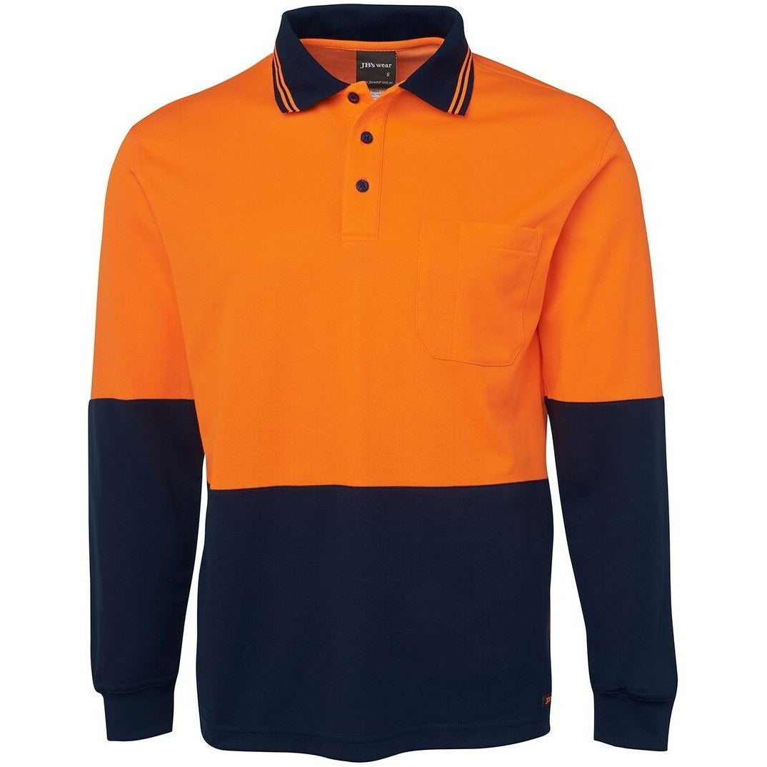 JB's Wear 6HPL Hi Vis L/S Cotton Back Polo - Front View | color:Orange/Navy|view:front