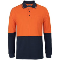 JB's Wear 6HVQL Hi Vis L/S Cotton Pique Trad Polo - Front View | color:Orange/Navy|view:front
