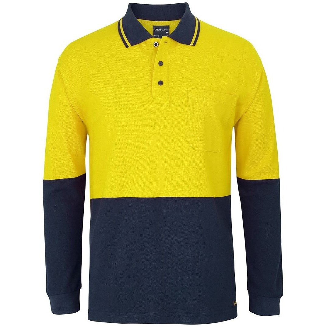 JB's Wear 6HVQL Hi Vis L/S Cotton Pique Trad Polo - Front View | color:Yellow/Navy|view:front