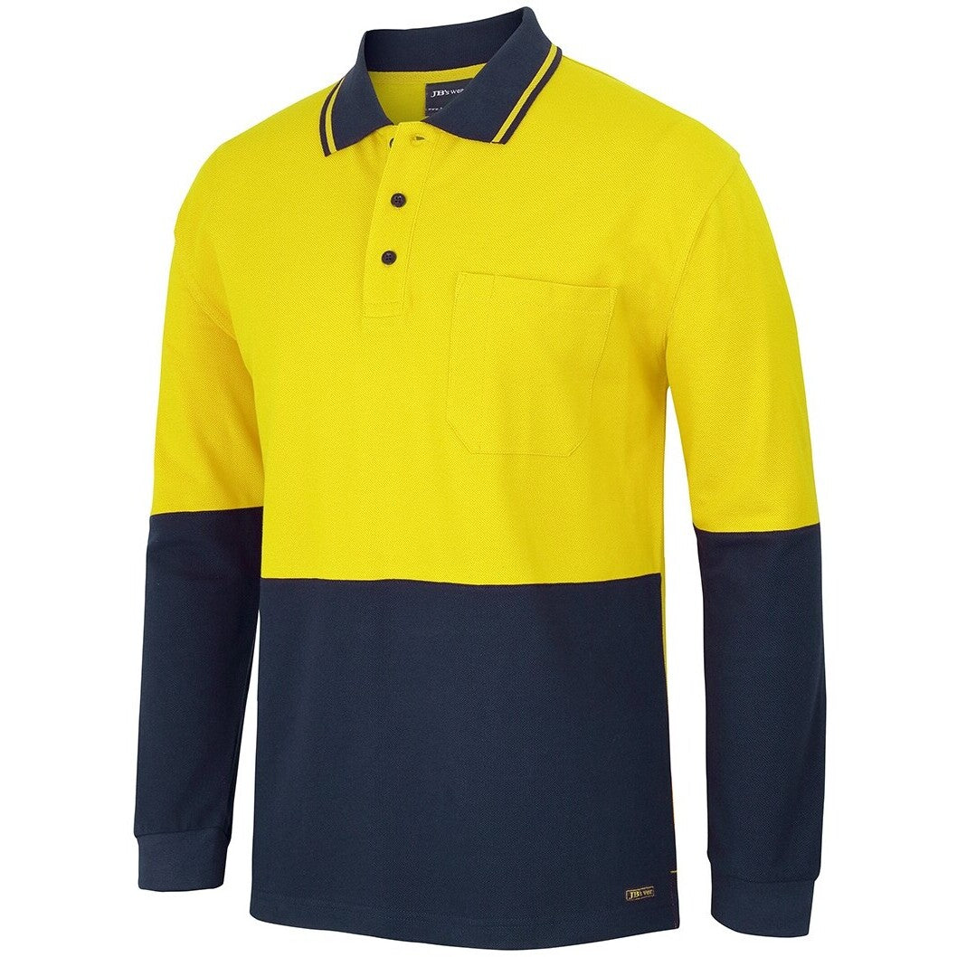 JB's Wear 6HVQL Hi Vis L/S Cotton Pique Trad Polo - Side View | color:Yellow/Navy|view:side