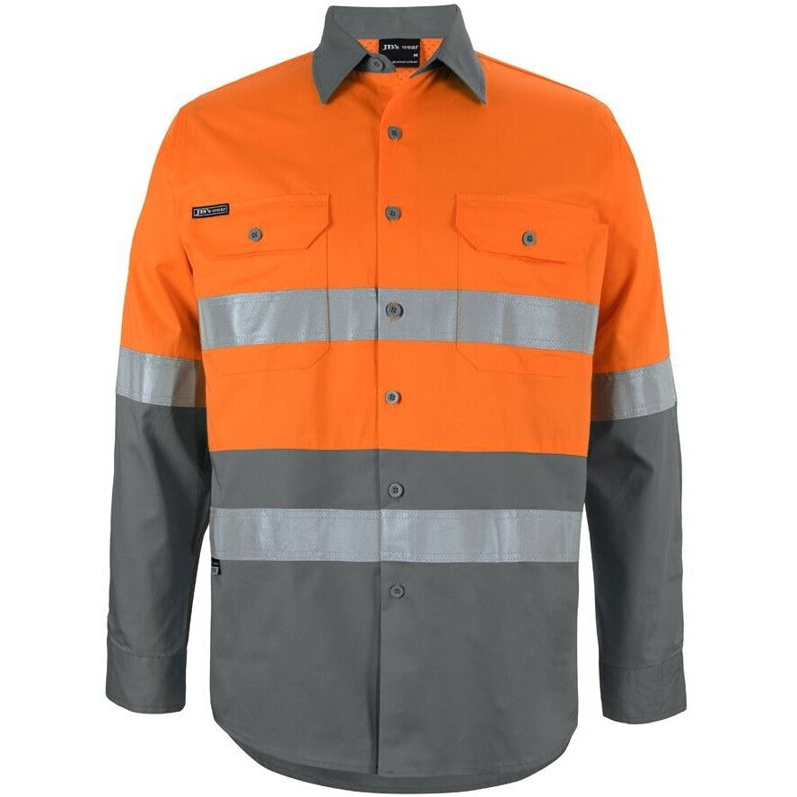 JB's Wear 6DNWL Hi Vis L/S (D+N) 150G Work Shirt - Front View | color:Orange/Charcoal|view:front