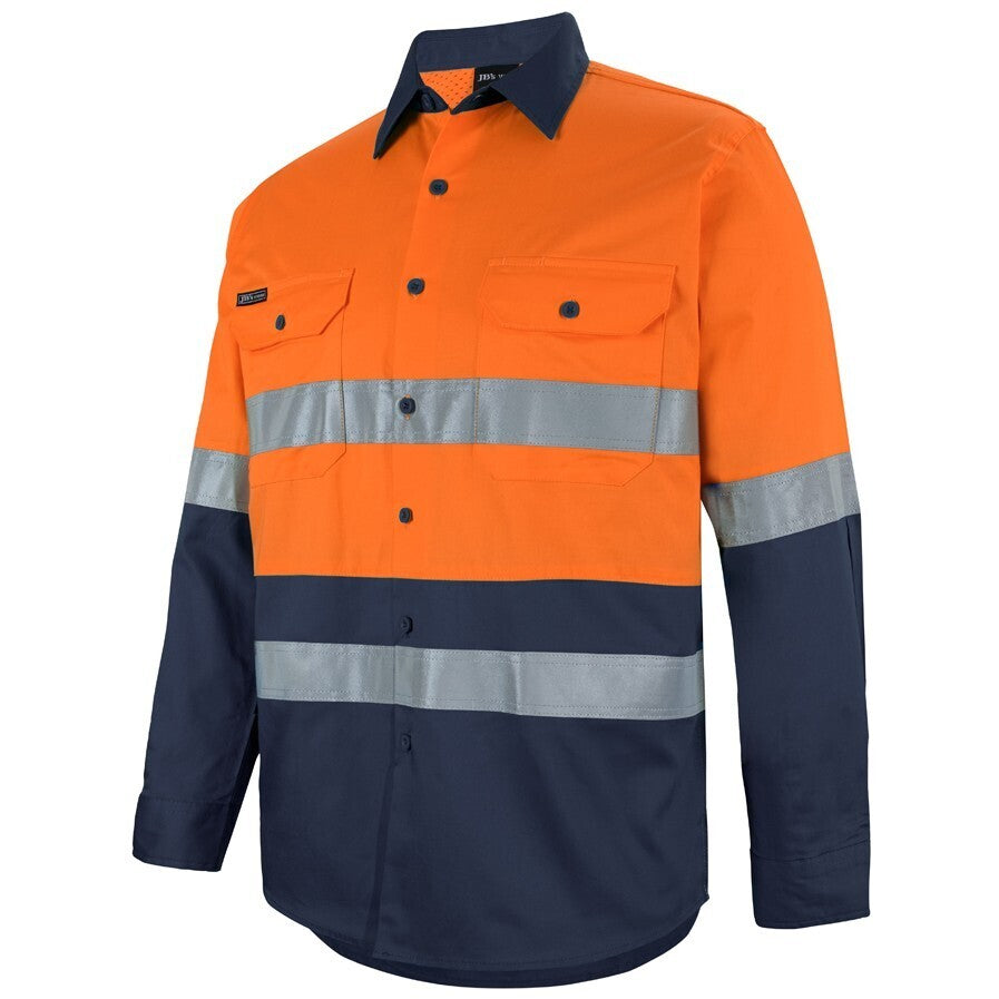 JB's Wear 6DNWL Hi Vis L/S (D+N) 150G Work Shirt - Side View | color:Orange/Navy|view:side