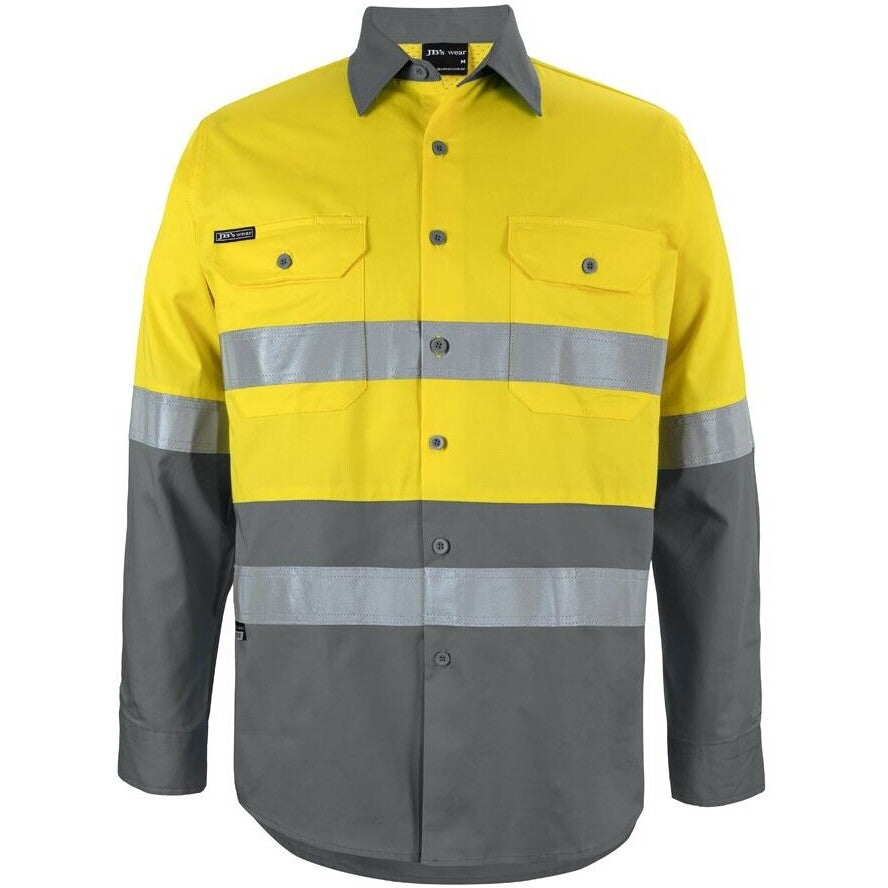 JB's Wear 6DNWL Hi Vis L/S (D+N) 150G Work Shirt - Front View | color:Yellow/Charcoal|view:front