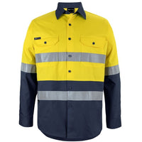 JB's Wear 6DNWL Hi Vis L/S (D+N) 150G Work Shirt - Front View | color:Yellow/Navy|view:front