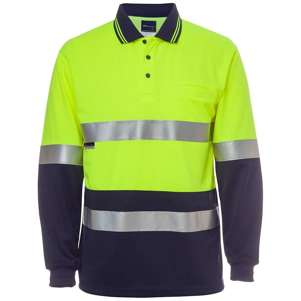 JB's Wear 6HVSL Hi Vis L/S (D+N) Traditional Polo - Front View | color:Lime/Navy|view:front