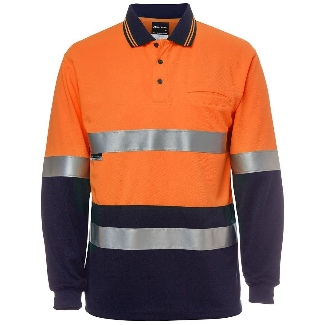 JB's Wear 6HVSL Hi Vis L/S (D+N) Traditional Polo - Front View | color:Orange/Navy|view:front