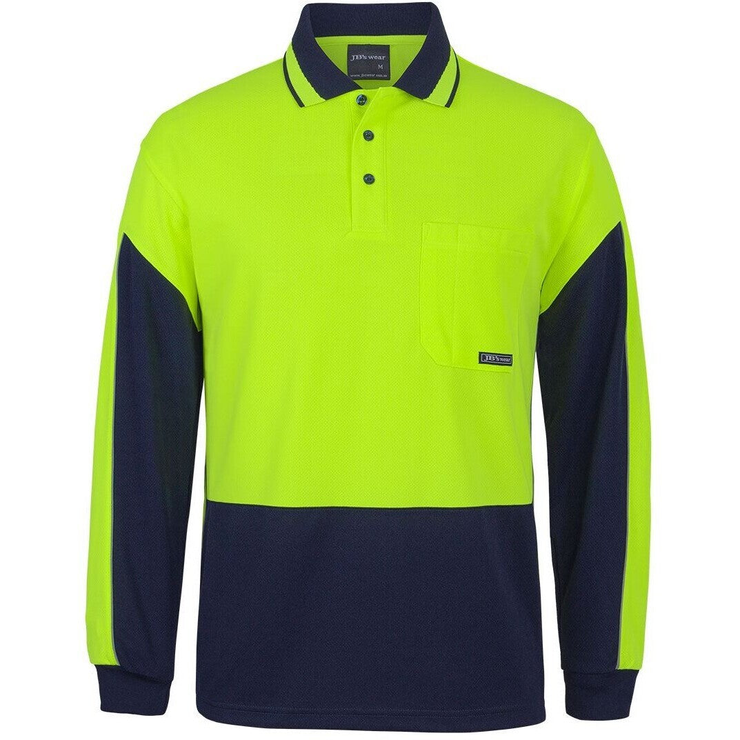 JB's Wear 6HVGL Hi Vis L/S Gap Polo - Front View | color:Lime/Navy|view:front