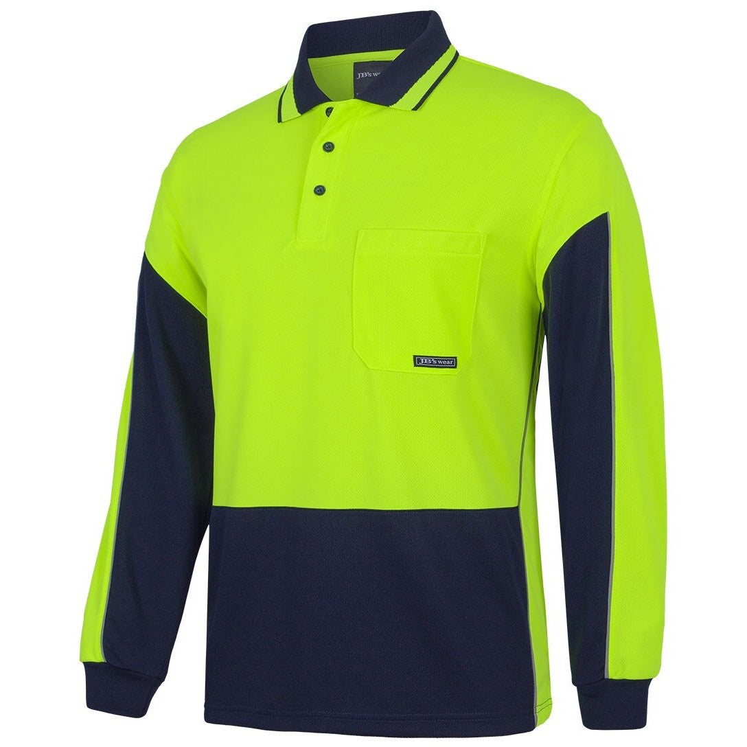 JB's Wear 6HVGL Hi Vis L/S Gap Polo - Side View | color:Lime/Navy|view:side