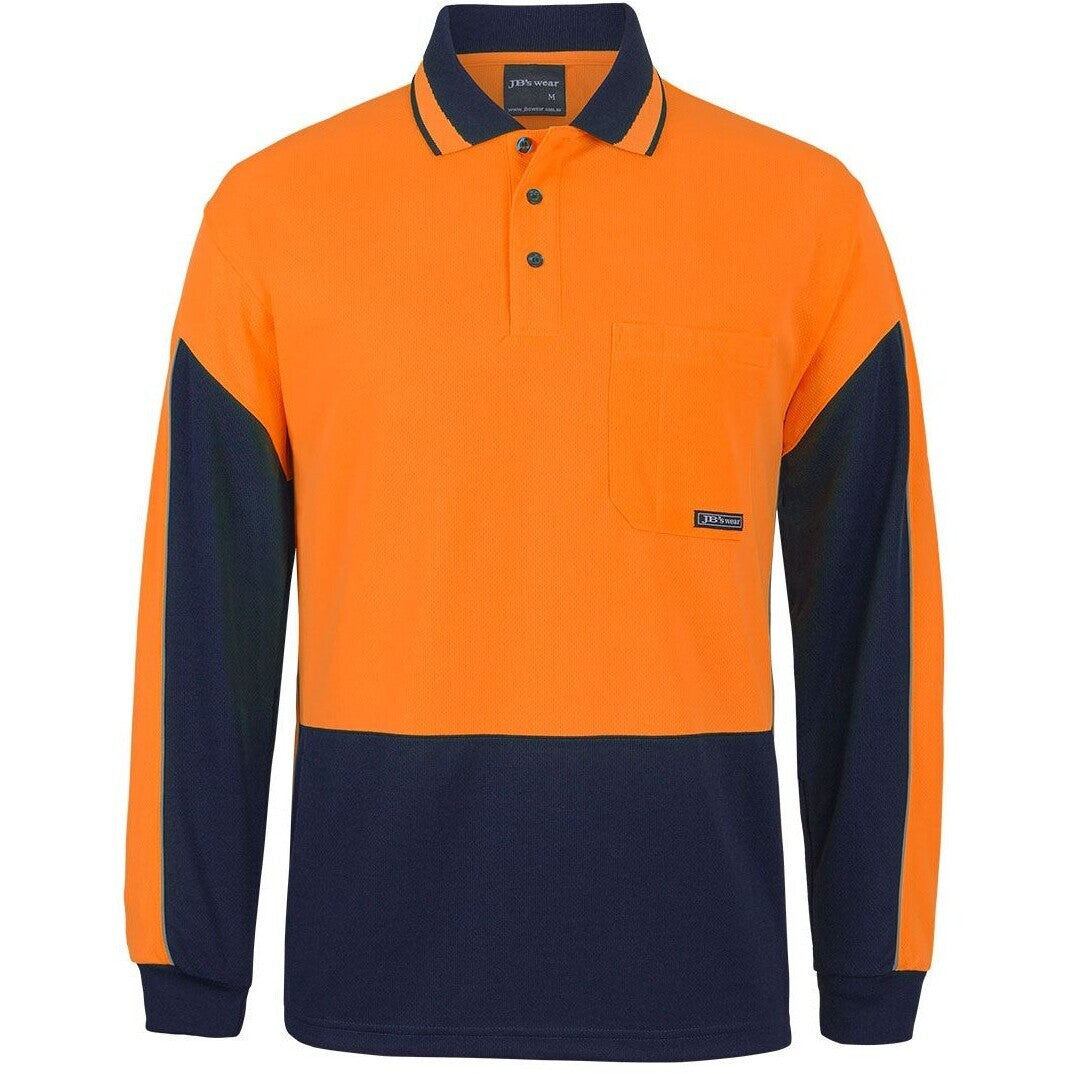 JB's Wear 6HVGL Hi Vis L/S Gap Polo - Front View | color:Orange/Navy|view:front
