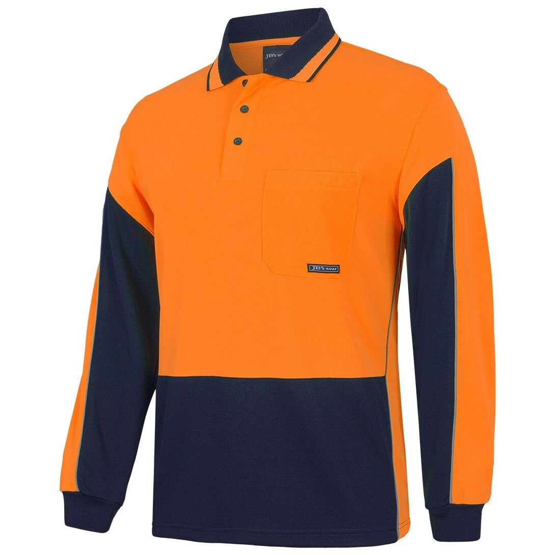 JB's Wear 6HVGL Hi Vis L/S Gap Polo - Side View | color:Orange/Navy|view:side
