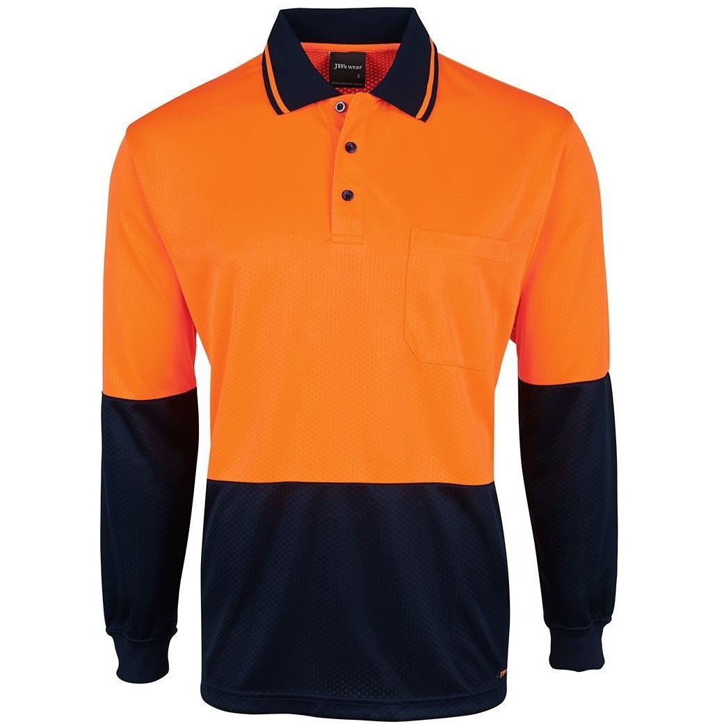JB's Wear 6HJNL Hi Vis L/S Jacquard Polo - Front View | color:Orange/Navy|view:front