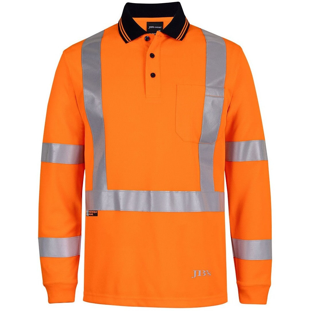 JB's Wear 6DAQL Hi Vis L/S NSW/QLD Rail Biomotion X-Back Polo - Front View | color:Orange|view:front