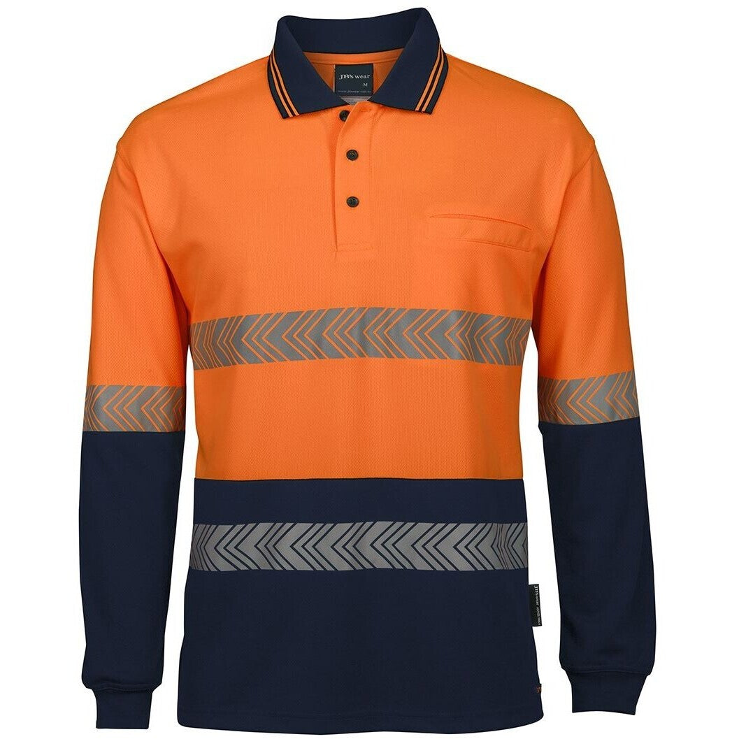 JB's Wear 6HLST Hi Vis L/S Segmented Tape Polo - Front View | color:Orange/Navy|view:front